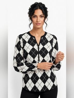 Talbots Black and White Argyle Semi Sheer Button-Front Blouse Size SP Like New